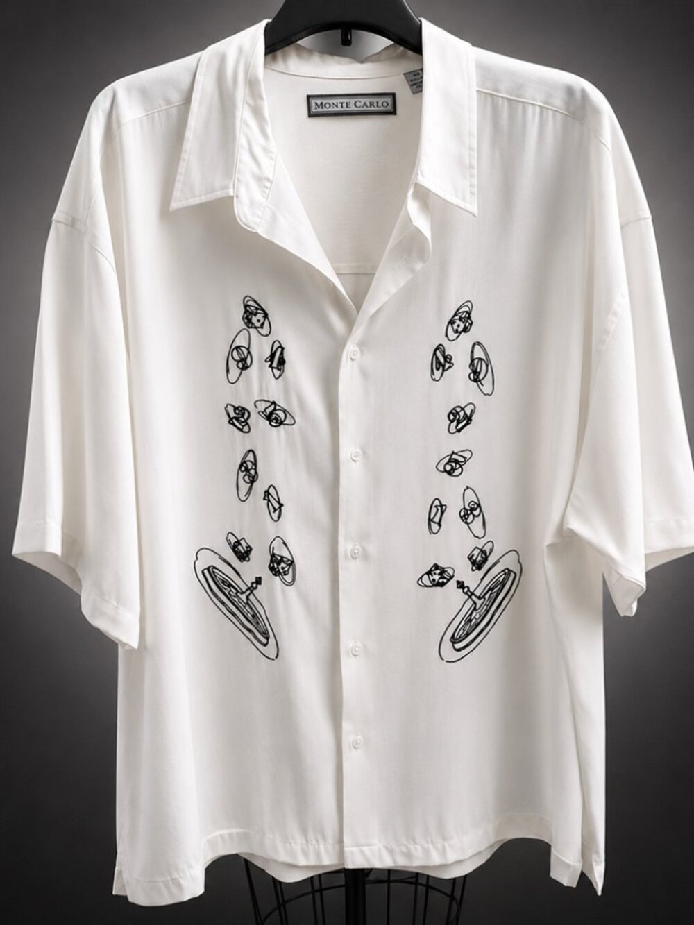 Monte Carlo Roulette Embroidered Camp Shirt White Rayon Blend Casino Theme